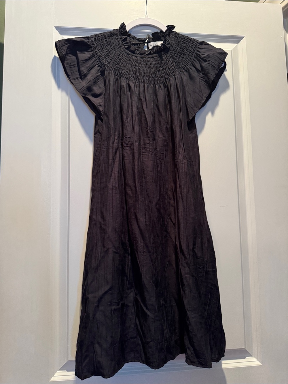 moodie Black Smocked Neck Flutter Sleeve Dress